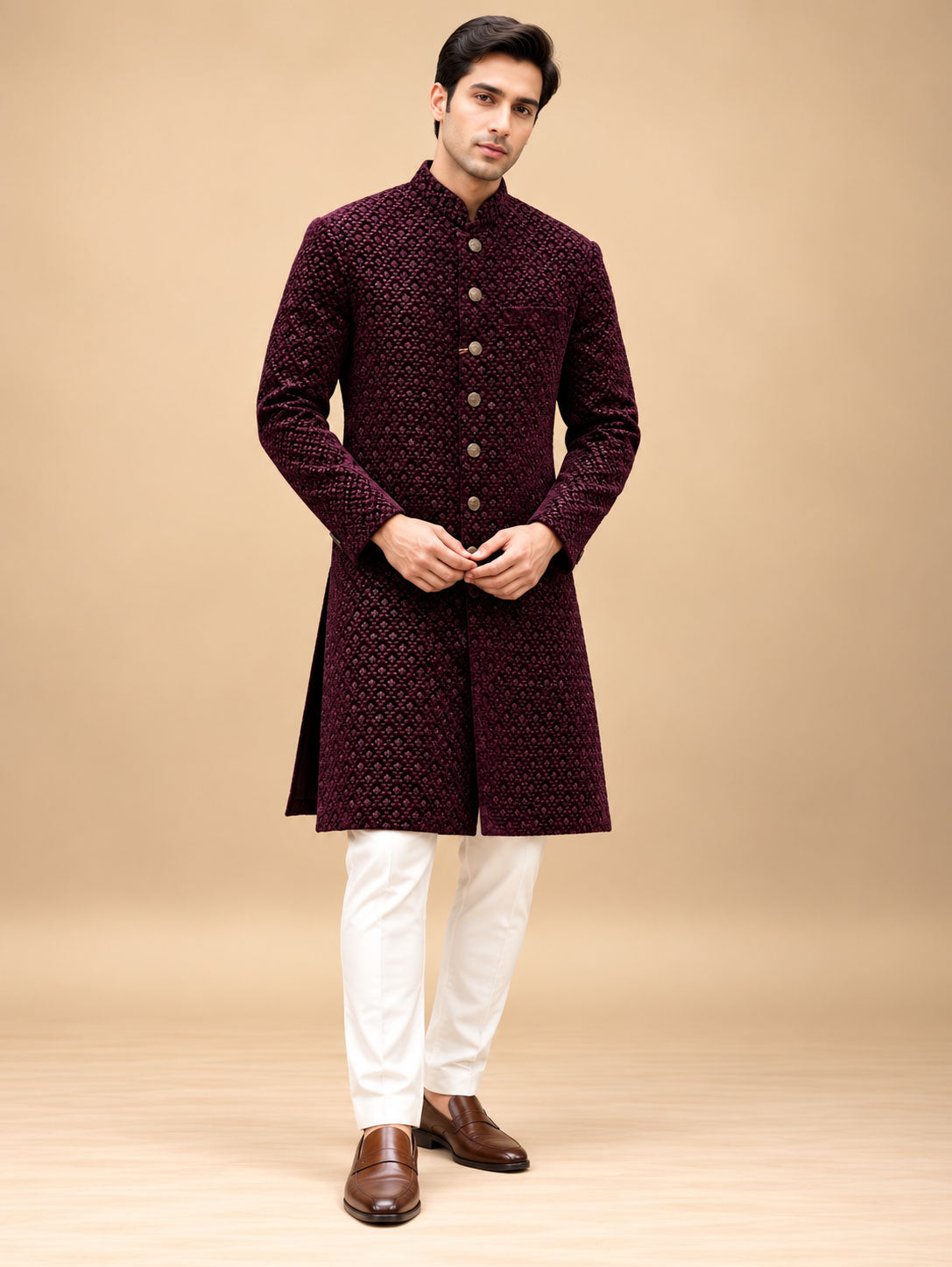 Men’s Wine Maroon Textured Sherwani with Ivory White Trousers – product view 1