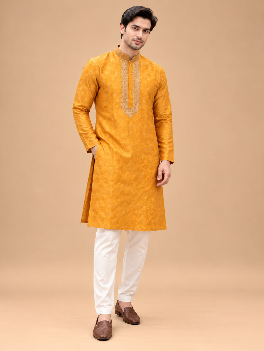 Mustard Yellow Embroidered Designer Kurta for Men with Mandarin Collar – product view 1
