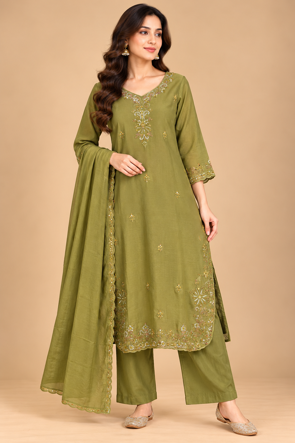 Olive Green Floral Embroidered Straight Kurta Palazzo Set with Dupatta for Women