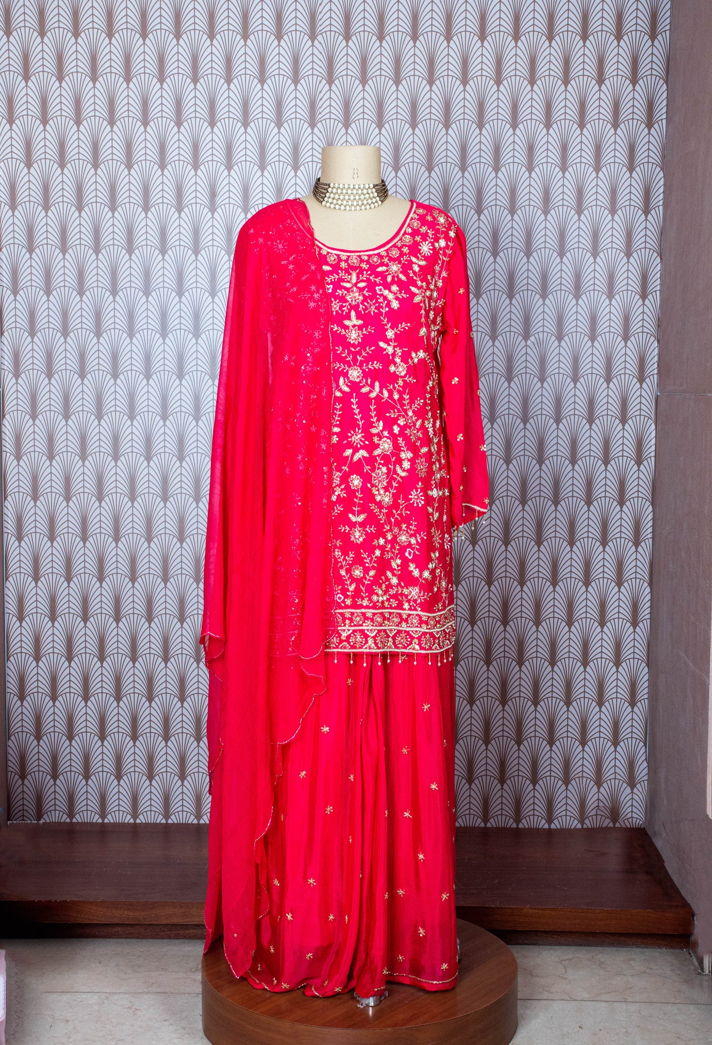 Fuchsia Pink Hand Embroidered Georgette Sharara Set for Women – Festive & Wedding Wea