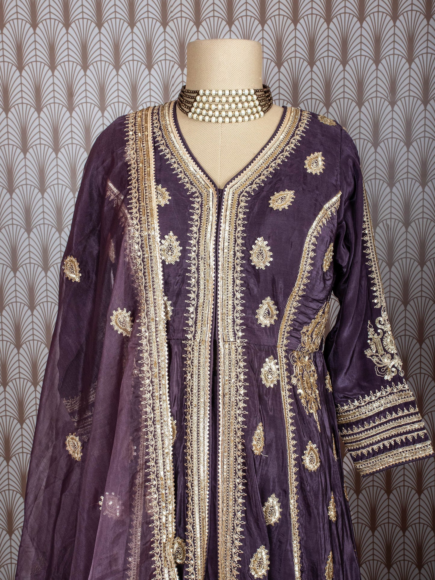 Purple Velvet Anarkali Gown with Golden Embroidery – Festive & Wedding Wear