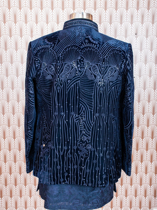 Navy blue embroidered velvet sherwani jacket for men – product image 2