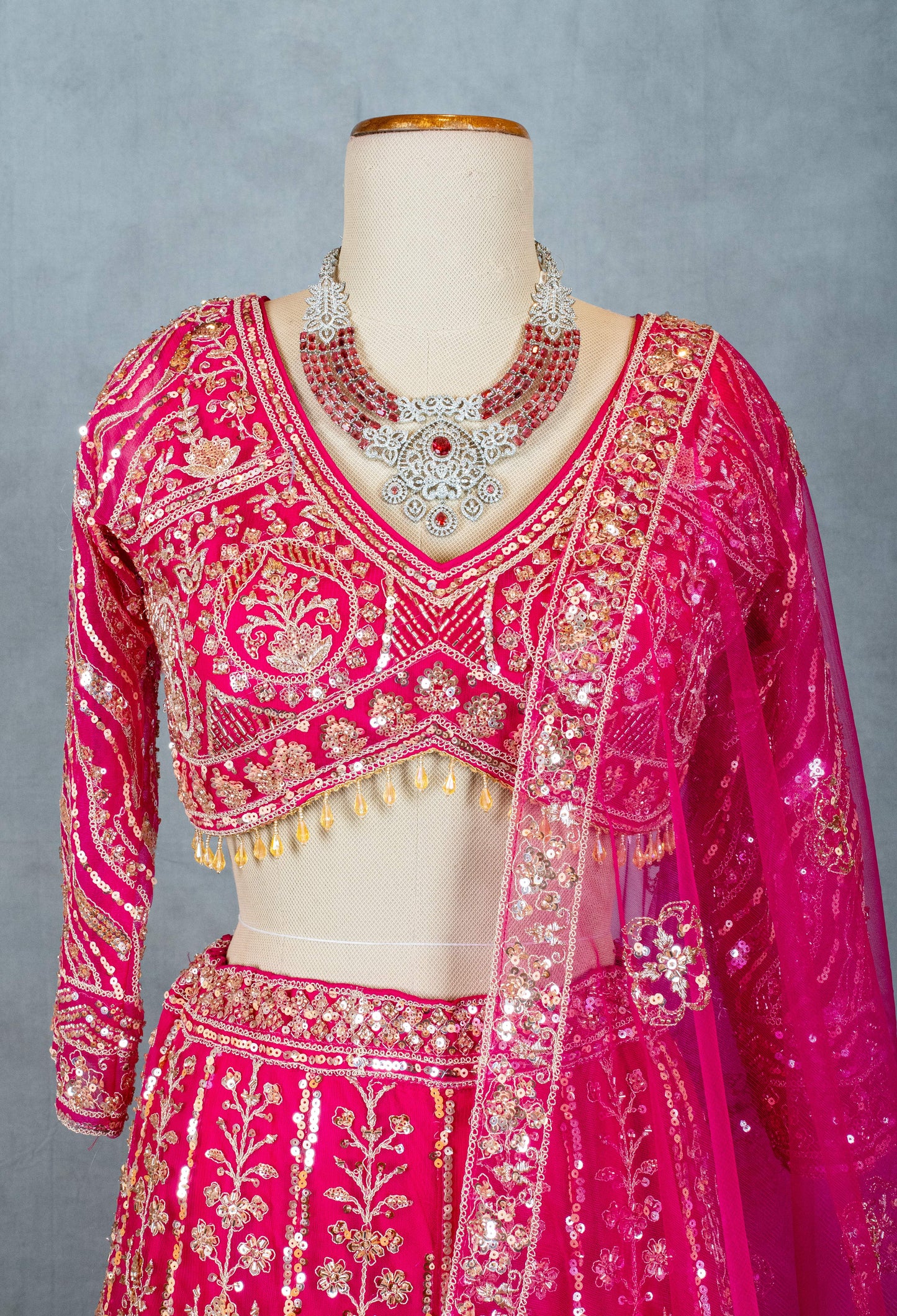 Hot Pink Heavily Embroidered Crop Top Lehenga Set with Mirror & Zari Work – Bridal & Festive Wear