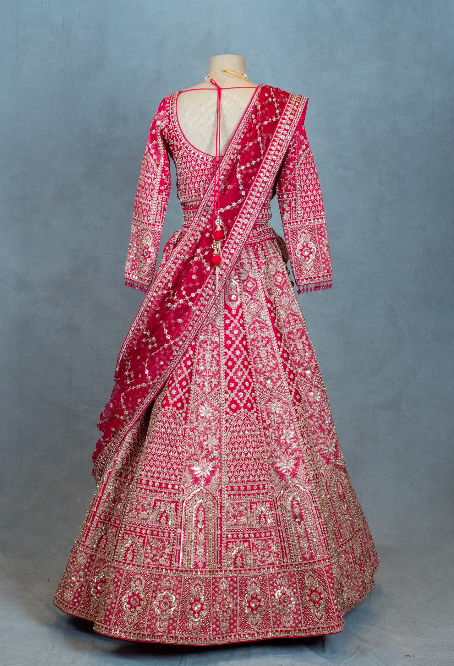 Elegant Red Embroidered Bridal Lehenga with Velvet Dupatta & Full Sleeve Blouse