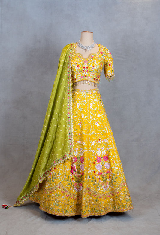 Yellow floral embroidered lehenga choli with green dupatta – product image 2