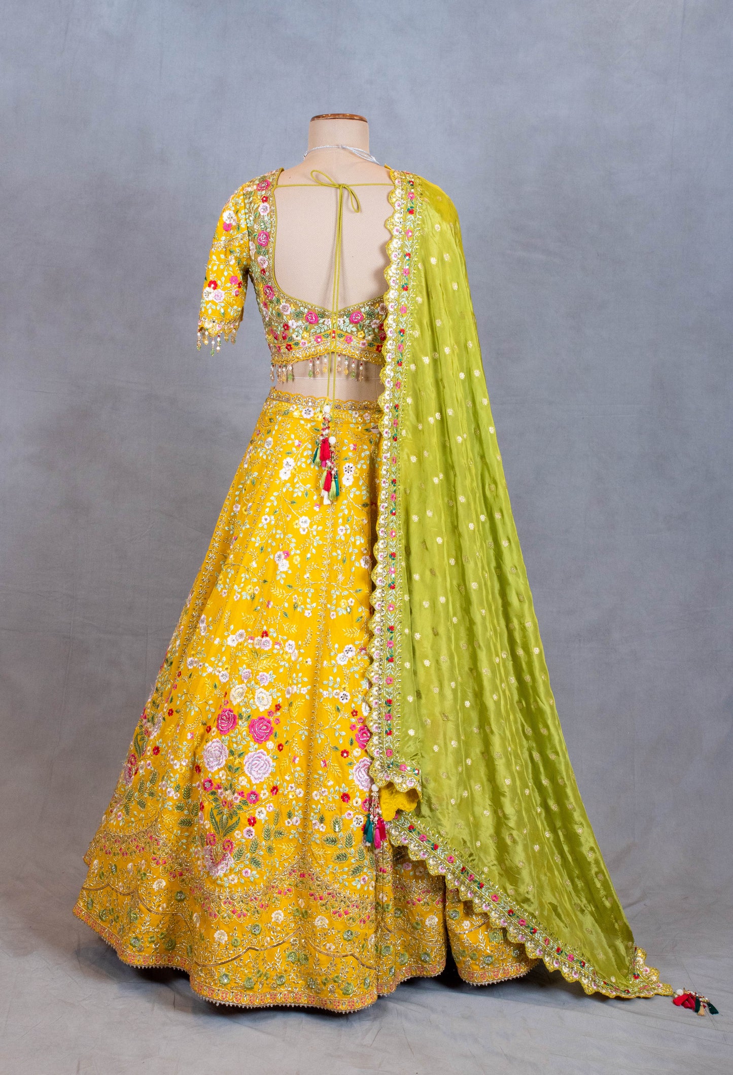 Elegant Yellow Floral Embroidered Lehenga Choli with Green Dupatta | Traditional Indian Ethnic Wear