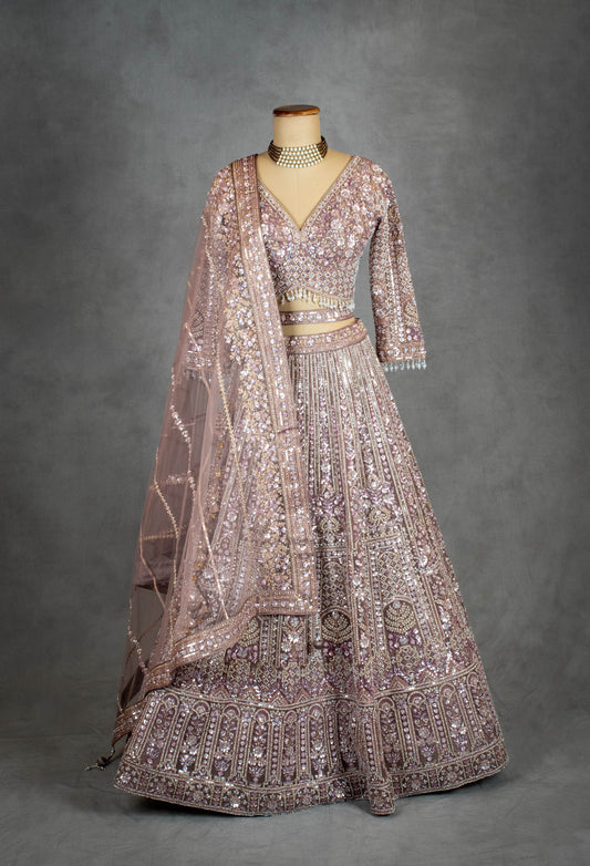 Dusty mauve lehenga with V-neck embroidered blouse