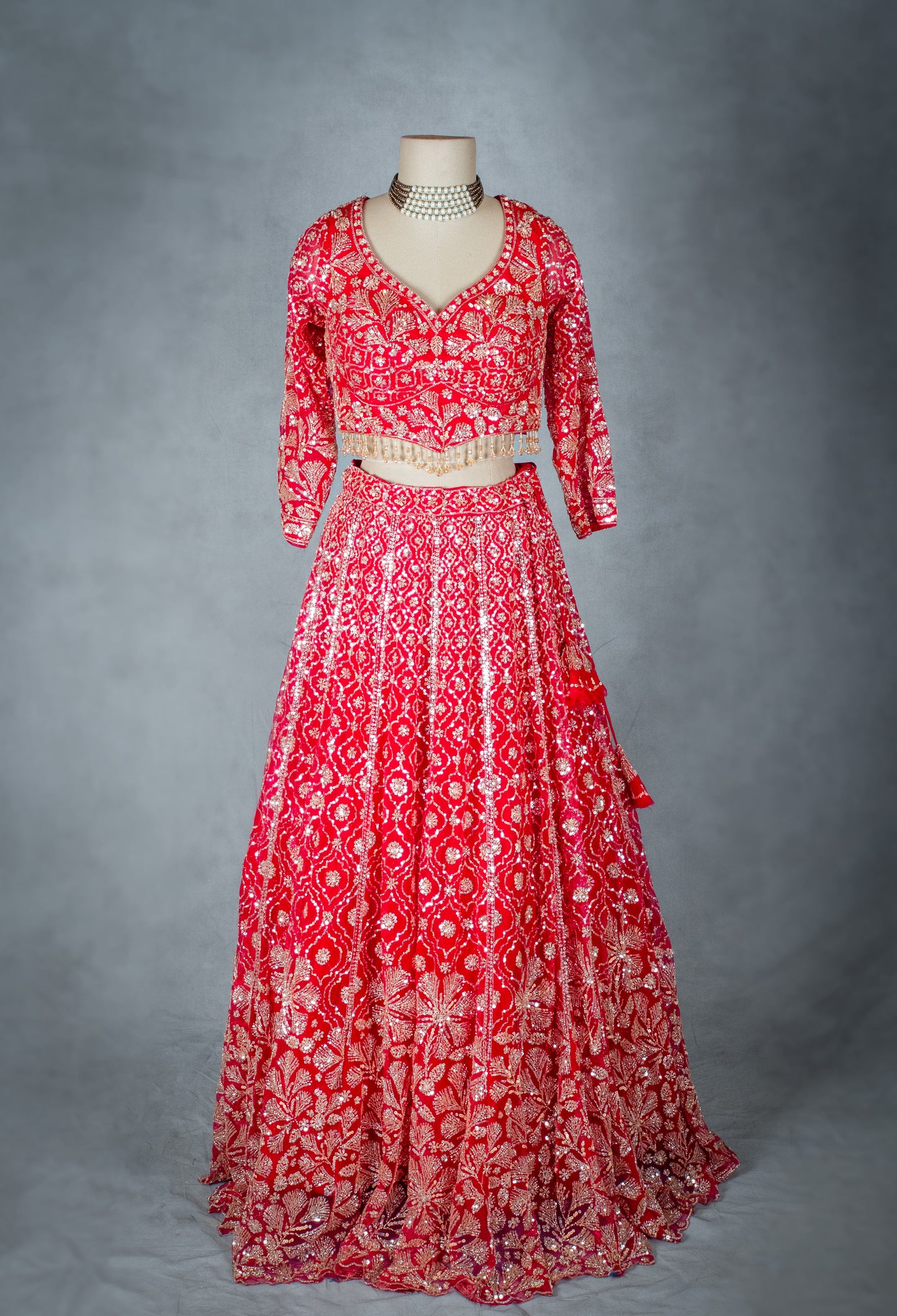 Classic Red Bridal Lehenga Set with Golden Zari and Sequin Embroidery | Traditional Indian Wedding Wear