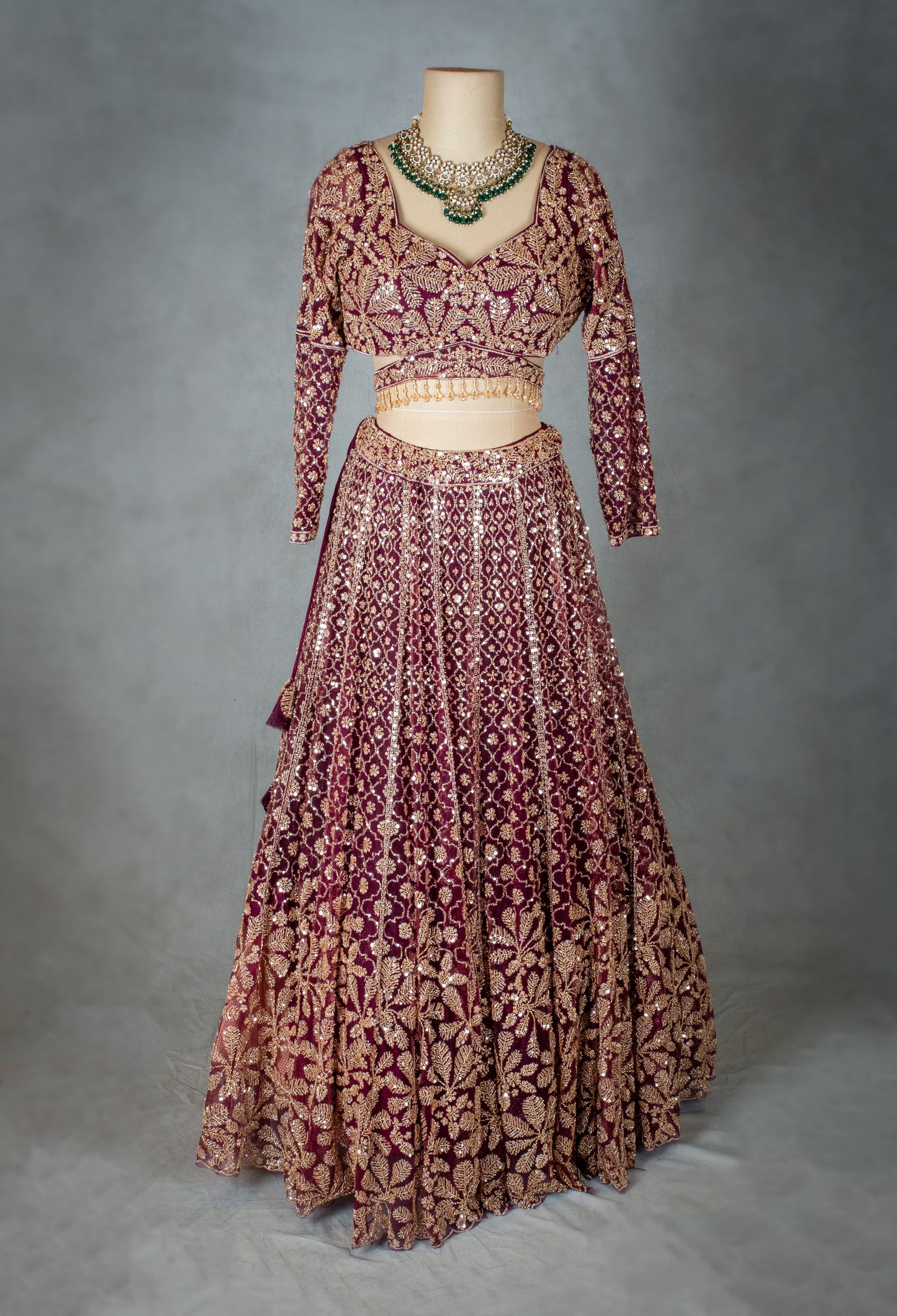 Maroon Velvet Lehenga Choli with Heavy Zari Embroidery & Sequins | Bridal & Festive Wear