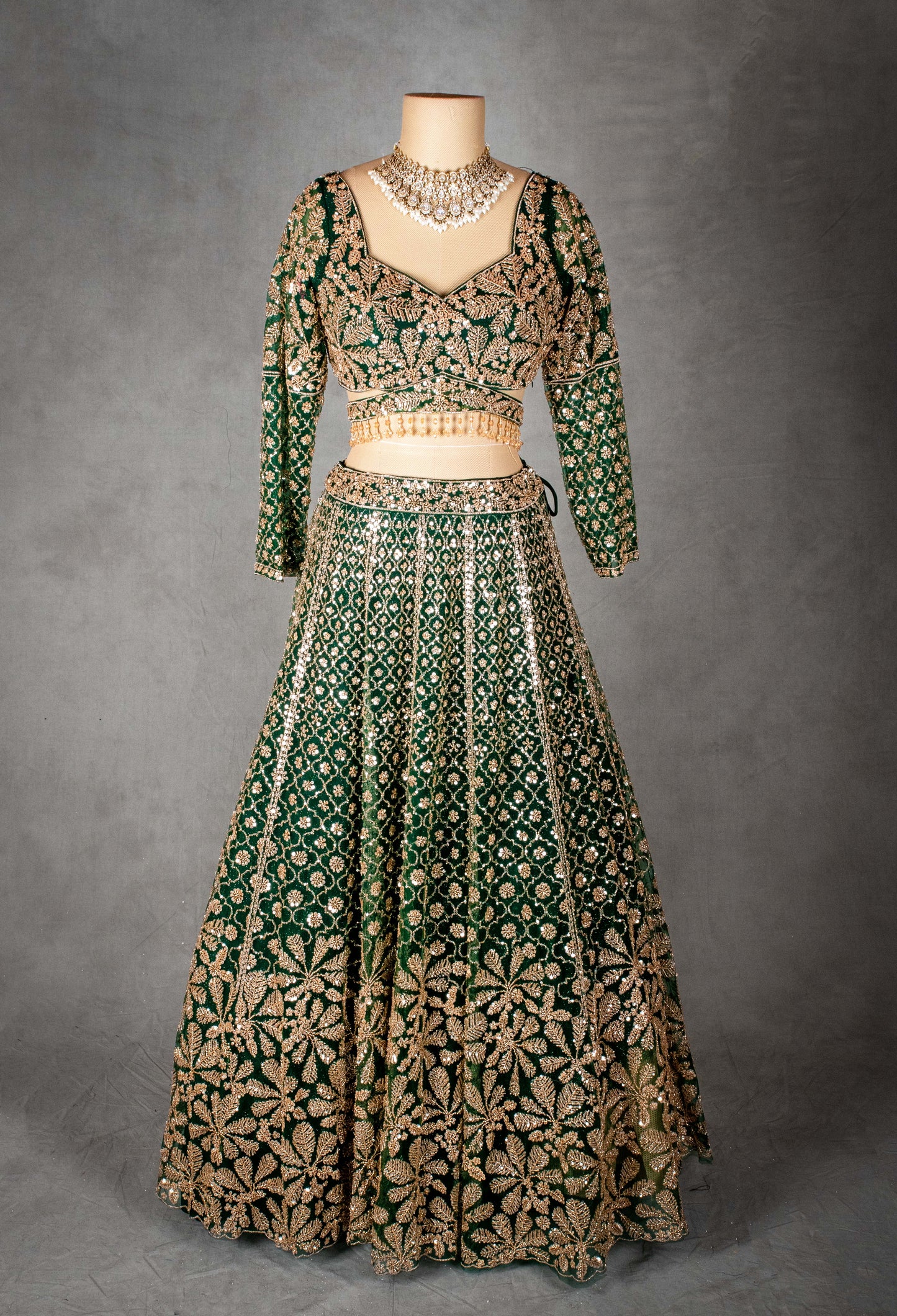 Emerald Green Velvet Lehenga Choli with Heavy Gold Embroidery | Wedding & Festive Wear