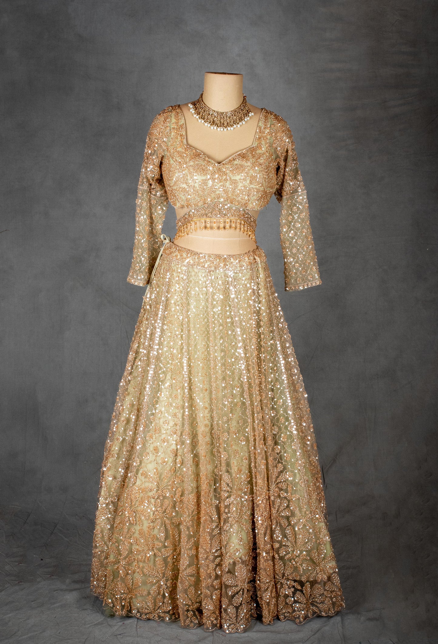 Elegant Gold Embroidered Bridal Lehenga Choli with Net Dupatta