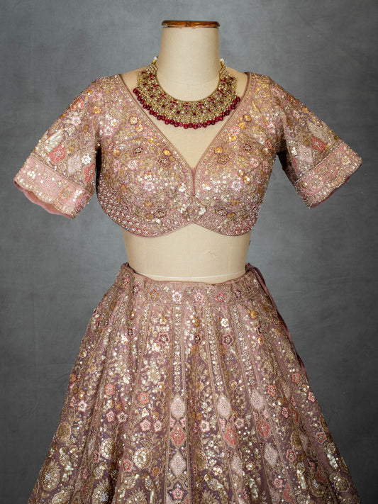 Dusty rose bridal lehenga with sequin embroidery and net dupatta – product image 2