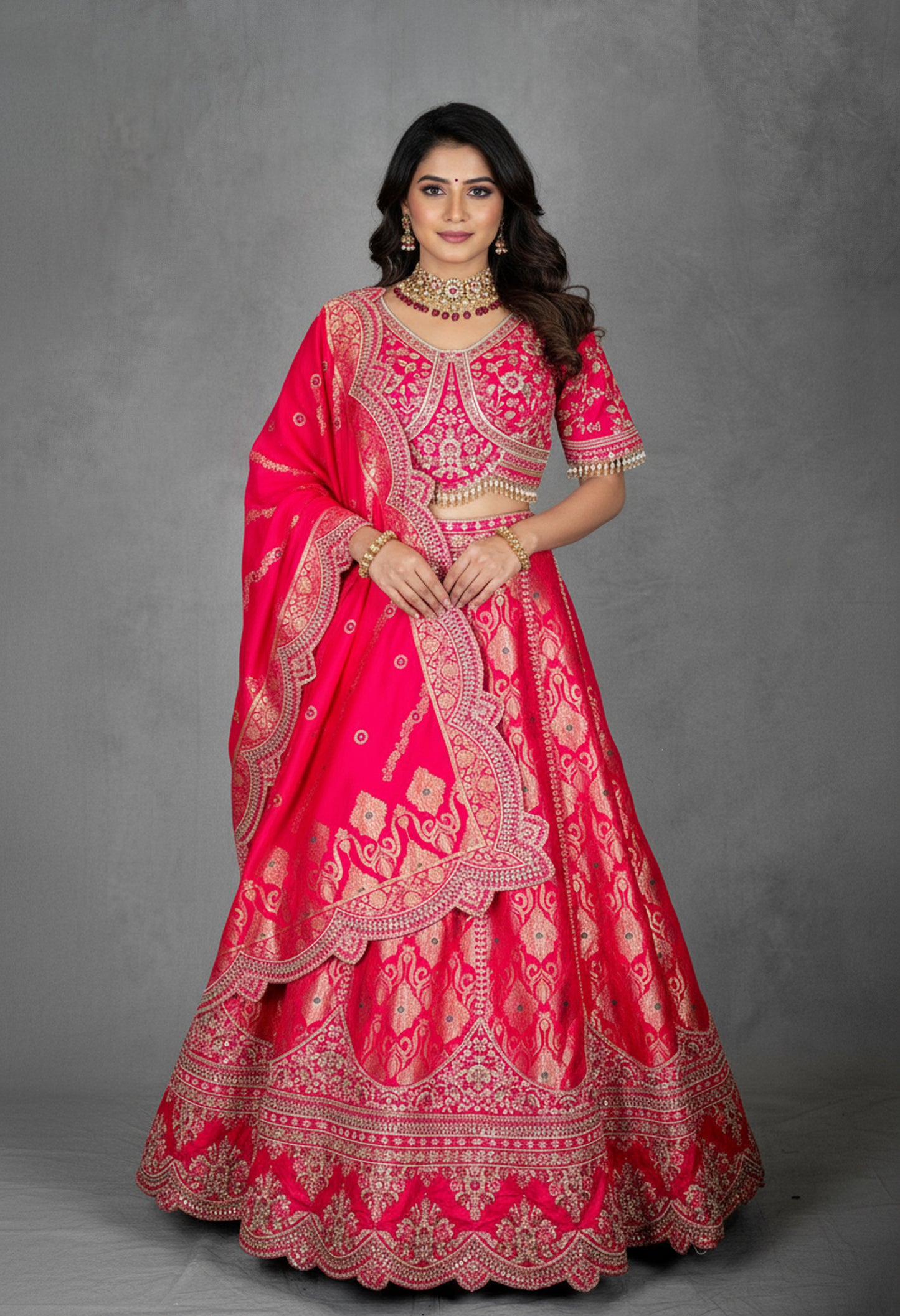 Vibrant Pink Bridal Lehenga with Golden Zari Embroidery and Designer Blouse