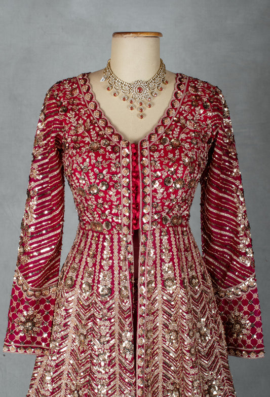 Ruby red Anarkali-style bridal lehenga with net dupatta – product image 2