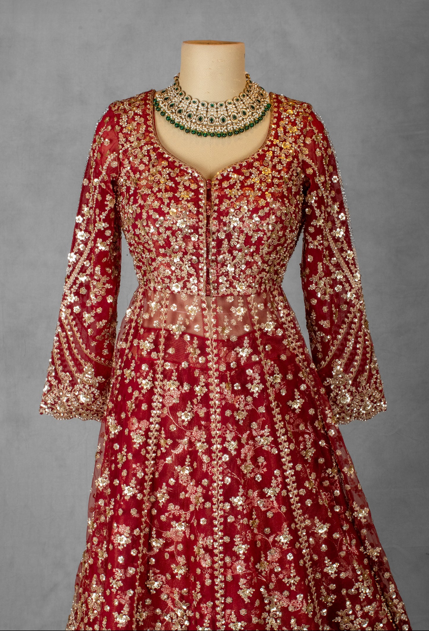 Bridal Red Gown with Heavy Zari & Sequin Embroidery – Floor-Length Anarkali Sty