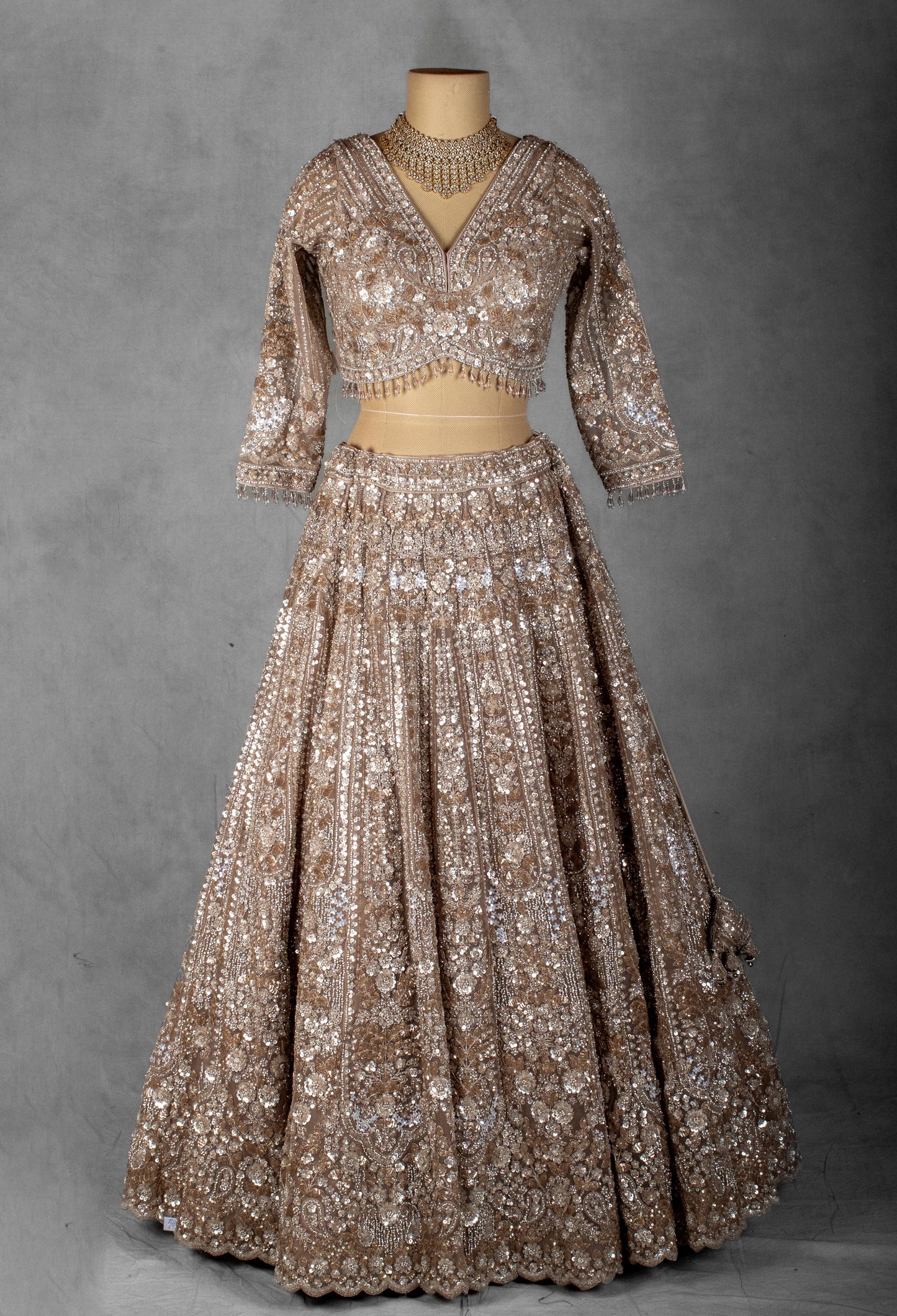 Champagne Gold Heavy Embroidered Bridal Lehenga Set with Sequin and Zari Work