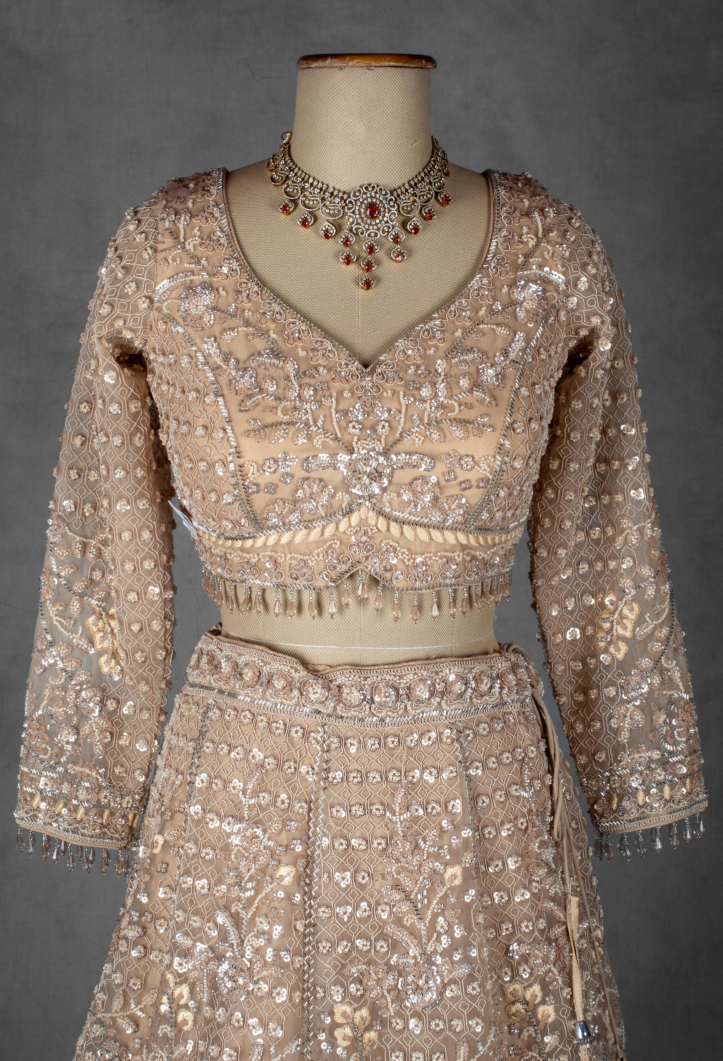 Champagne Gold Hand-Embroidered Sequin Lehenga with Sheer Dupatta & Full Sleeves Blouse