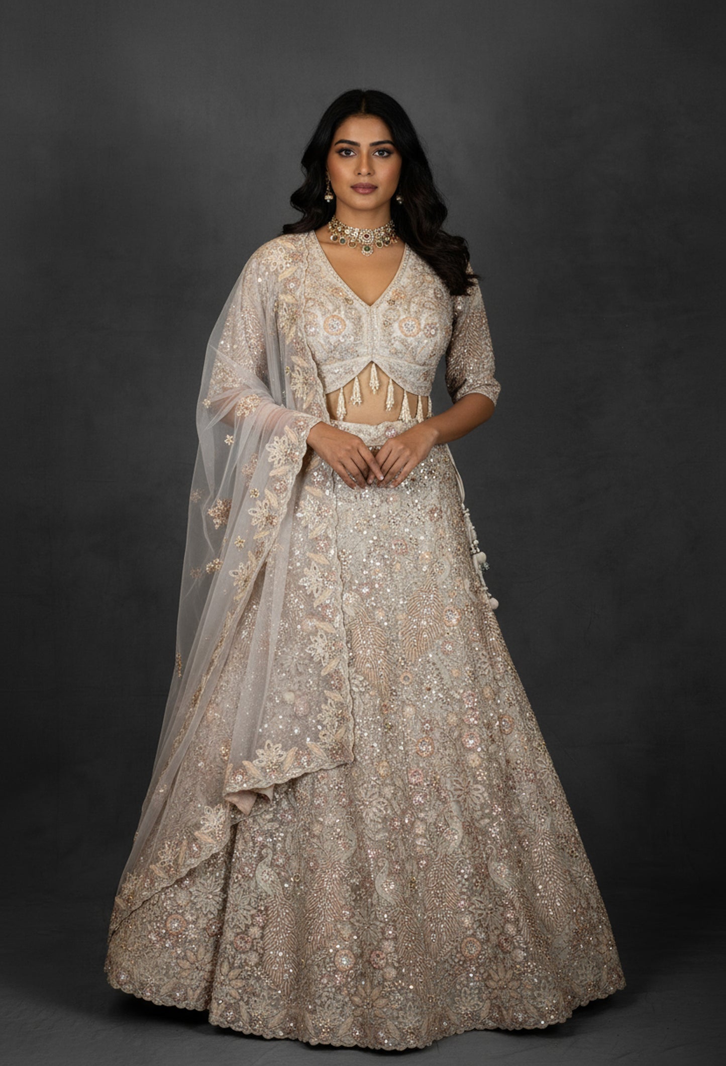 Embroidered Designer Bridal Lehenga in Pastel Beige with Sequins & Zari Work