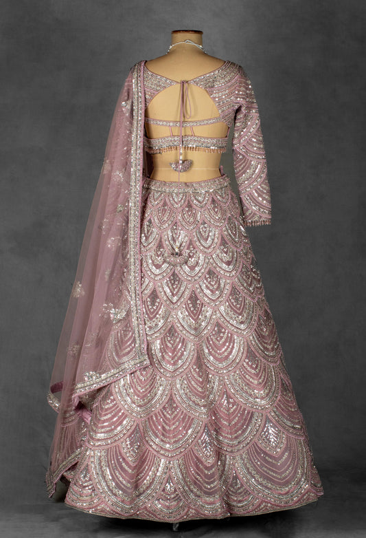 Blush pink sequin embellished bridal lehenga with net dupatta – product image 2