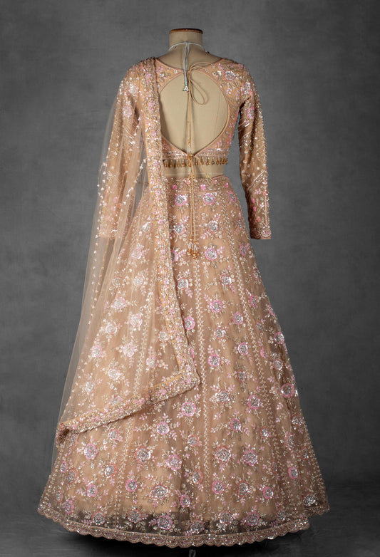 Blush peach floral embroidered lehenga set in net – product image 2