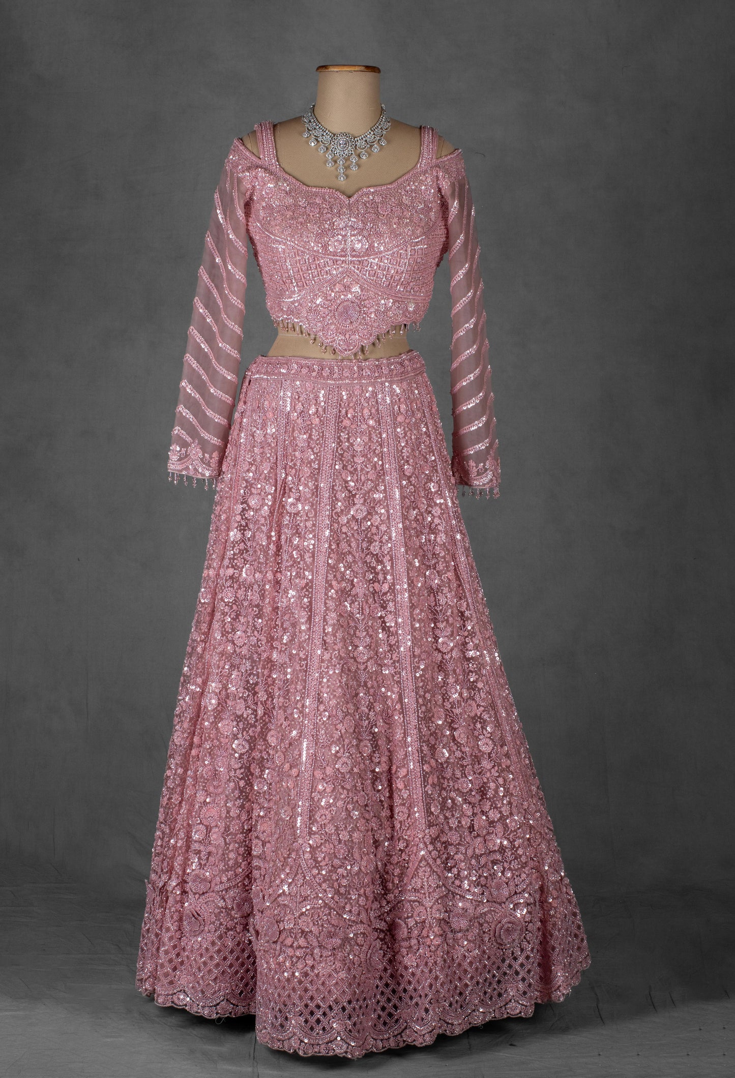 Rose Pink Heavy Embroidered Lehenga with Cold-Shoulder Crop Top & Net Dupatta