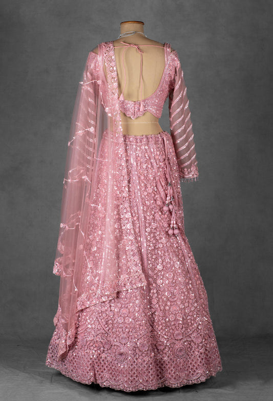 Rose pink heavy embroidered lehenga with cold-shoulder crop top and net dupatta – product image 2