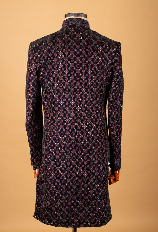 Black sherwani with purple floral embroidery – product image 2