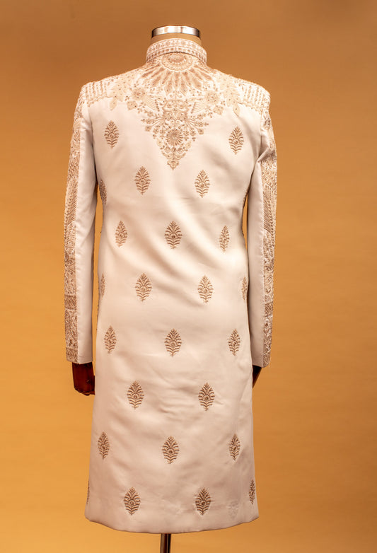 Ivory hand-embroidered sherwani with gold and beige detailing – product image 2