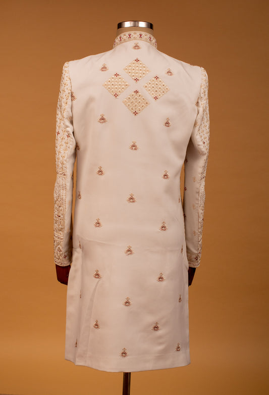 Ivory hand-embroidered zardosi sherwani with gold and maroon accents – product image 2