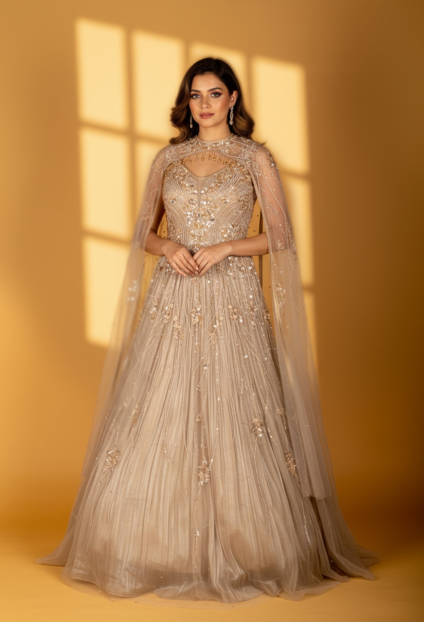 Champagne Gold Embellished Gown with Cape