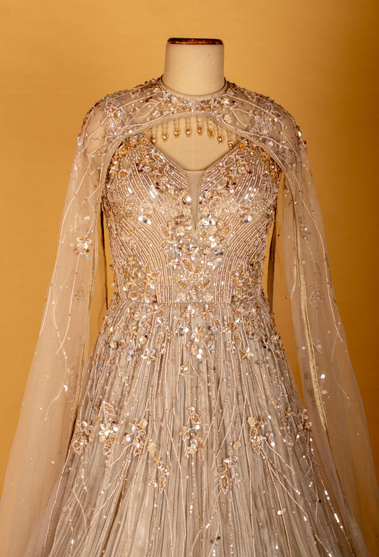 Champagne gold embellished gown with embroidered cape – product image 2