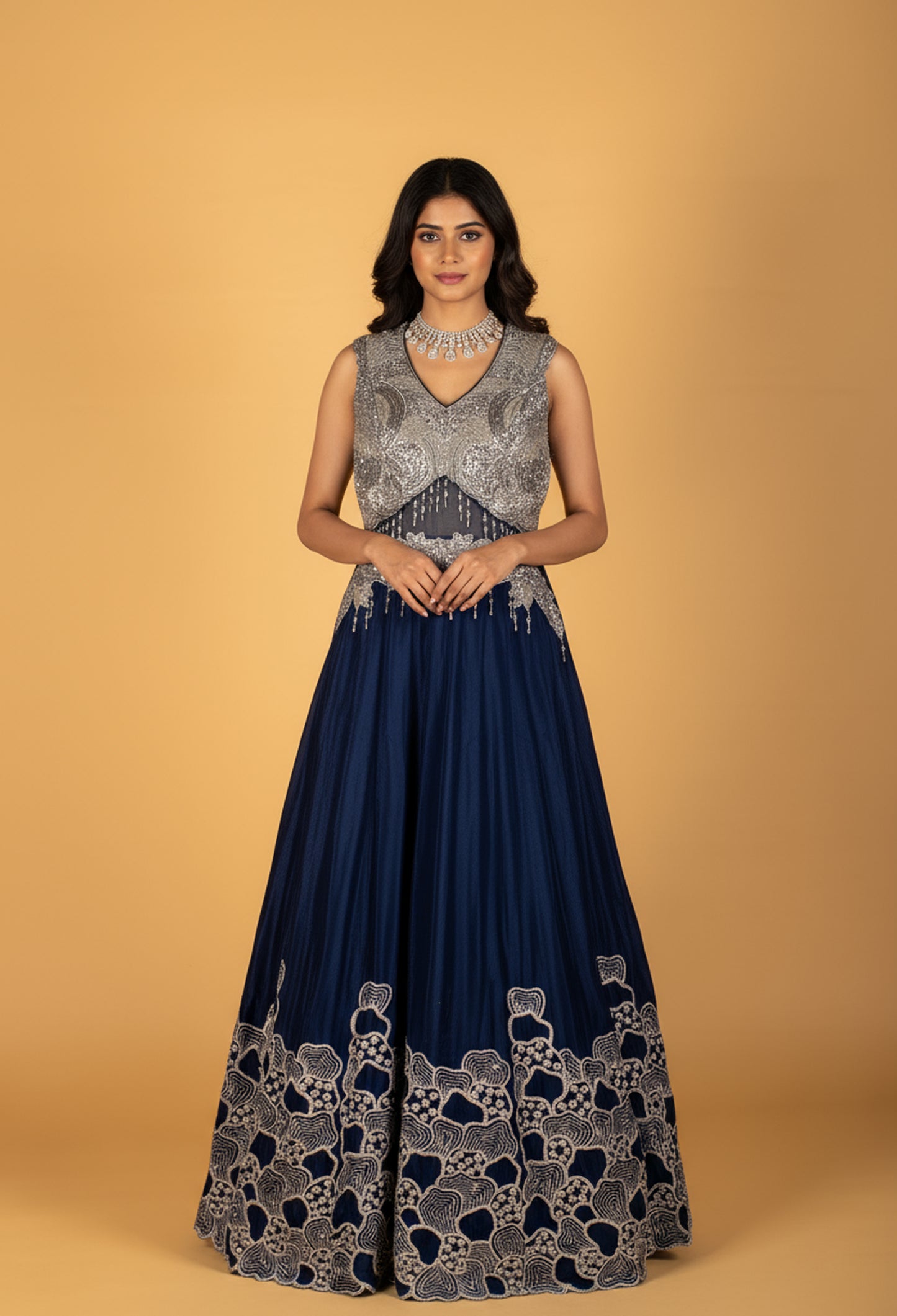 Midnight Navy Embellished Gown with Silver Detailing