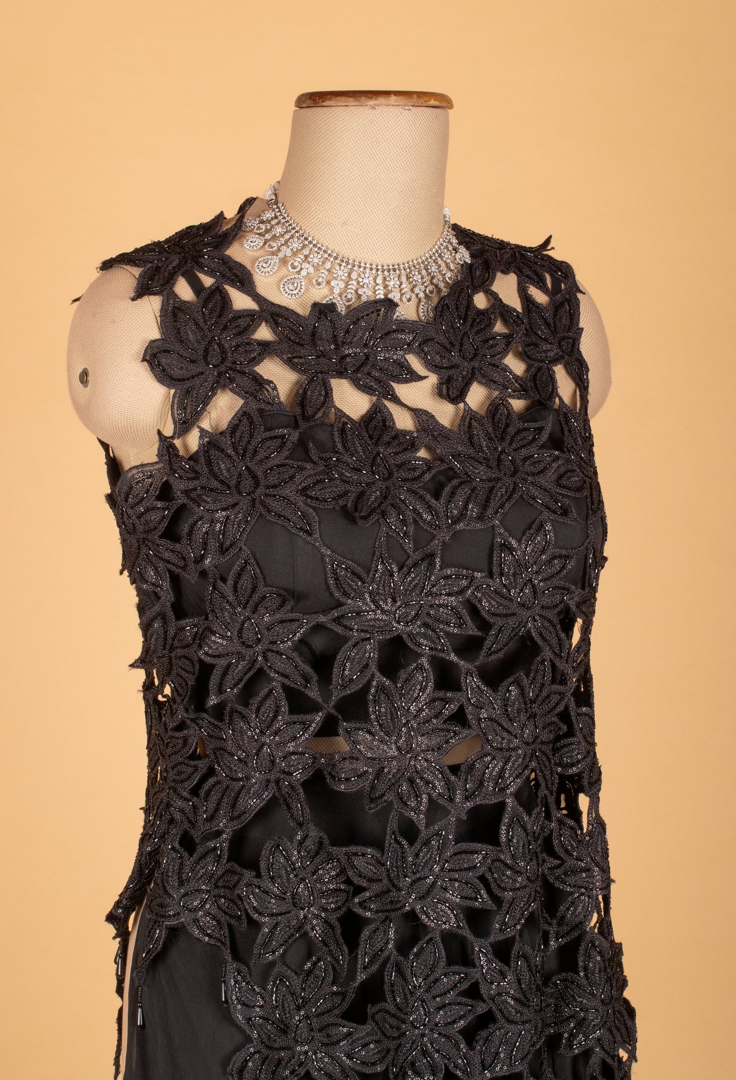 Black 3D Floral Appliqué Straight Cut