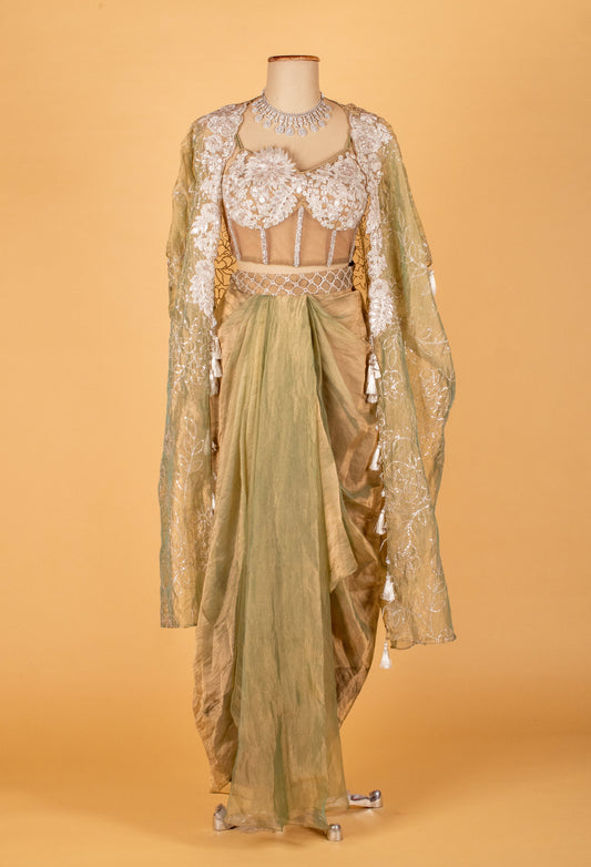 Sage green embroidered drape set with bustier and cape – product image 2
