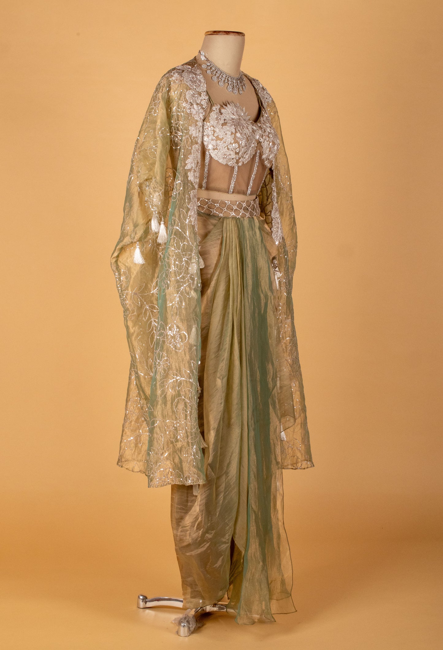 Sage Green Embroidered Drape Set with Bustier and Cape