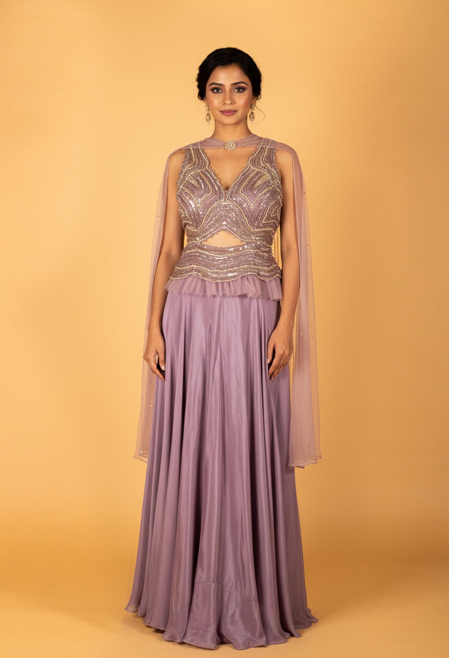 Lavender Embellished Crop Top and Palazzo Set with Cape
