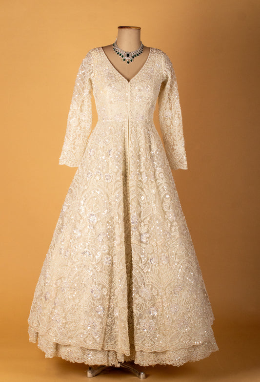 Ivory hand-embroidered bridal Anarkali gown with dupatta – product image 2