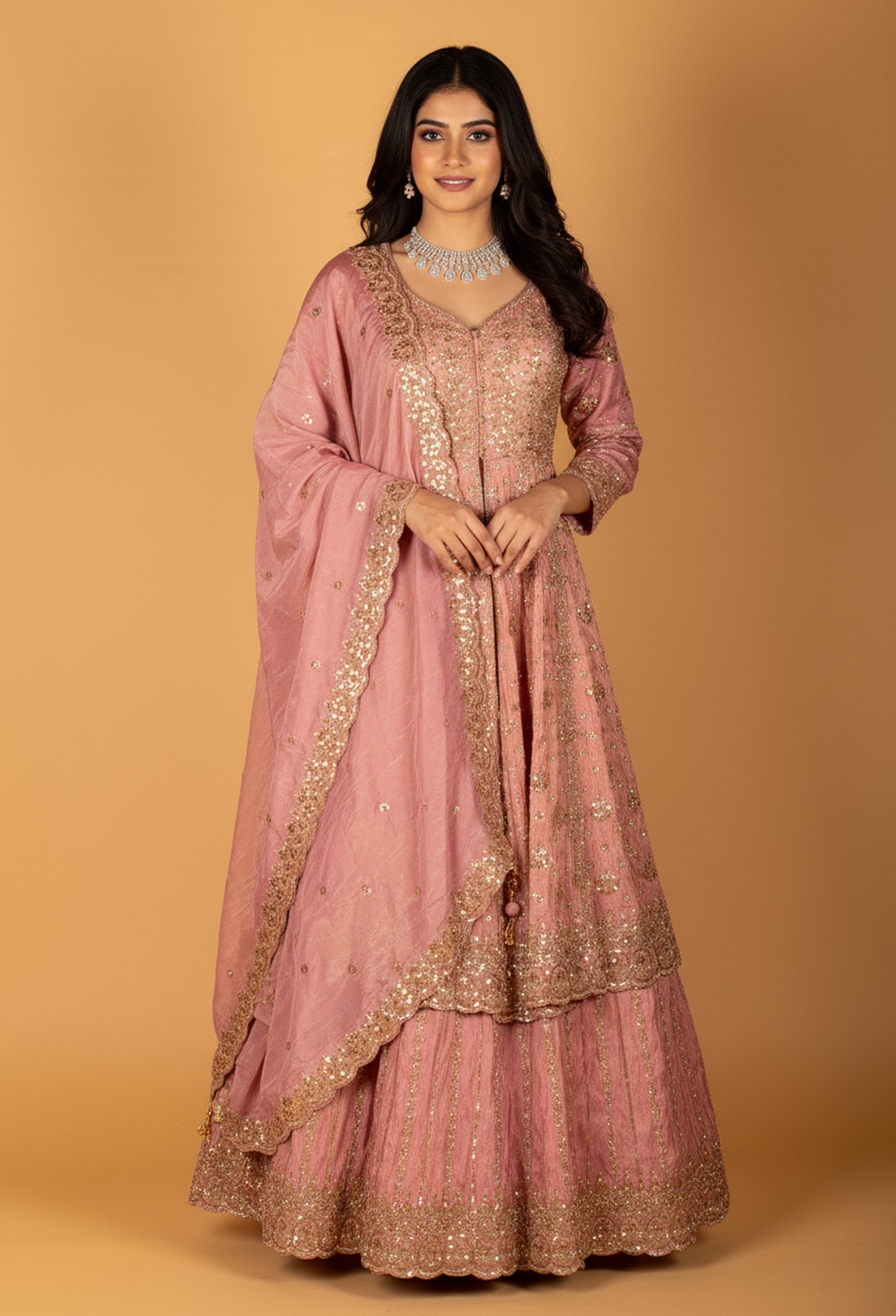 Blush Pink Embroidered Crop Top Lehenga Set with Sequin Dupatta