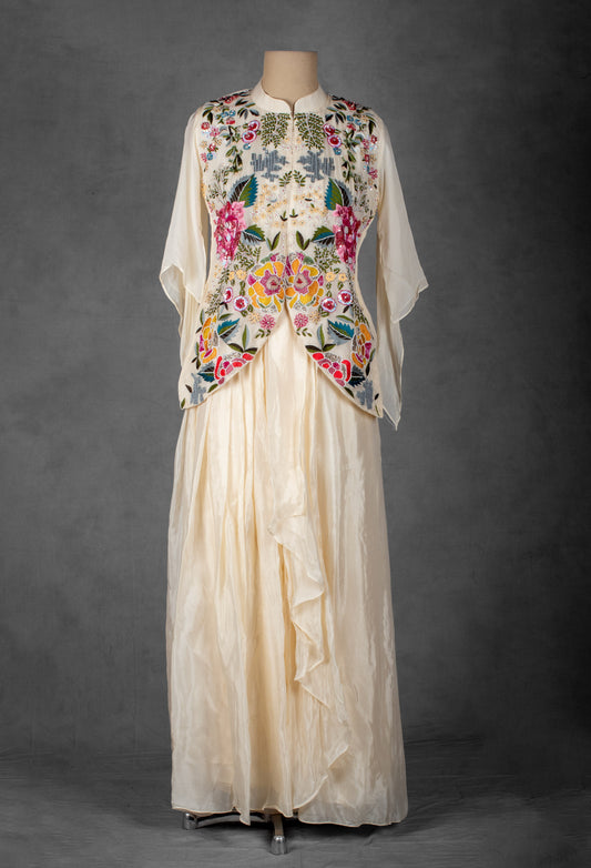 Ivory layered dress with multicolor embroidered jacket – product image 2