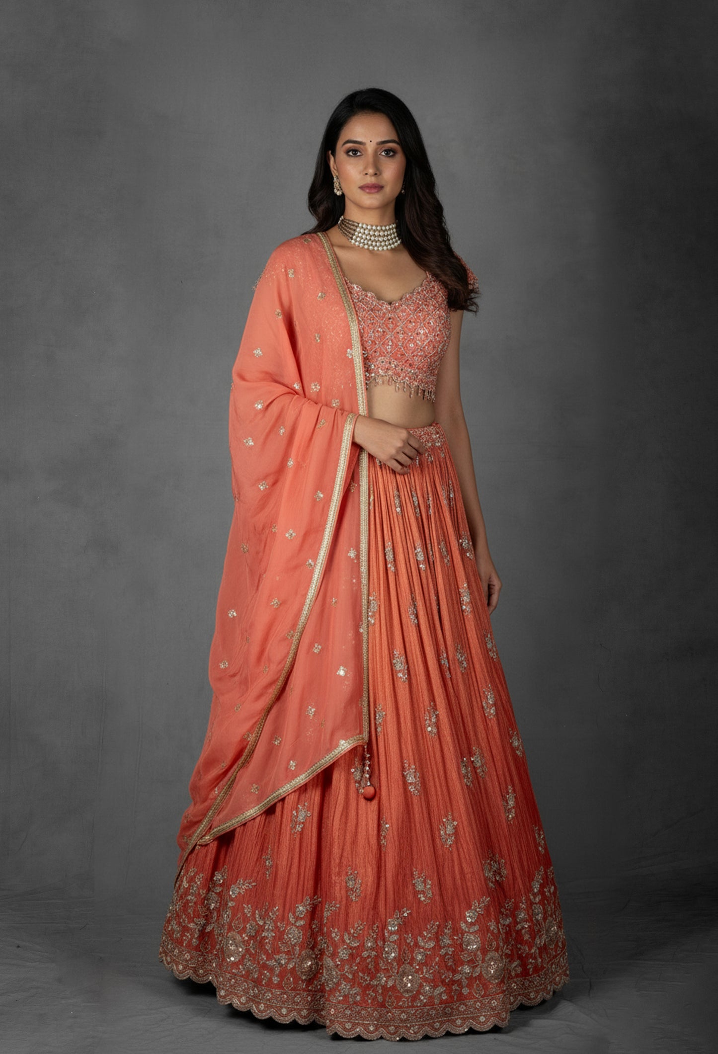 Embellished Coral Peach Lehenga Set with Handcrafted Floral Work