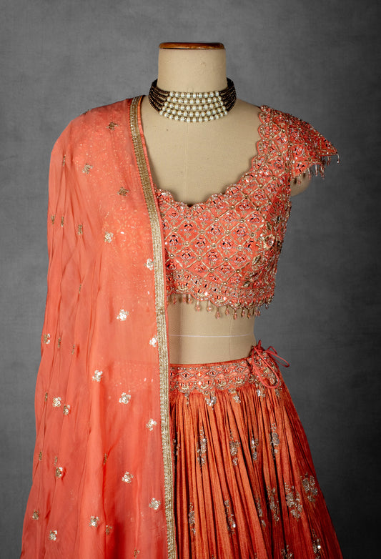 Coral peach embellished lehenga with floral handwork – product image 2