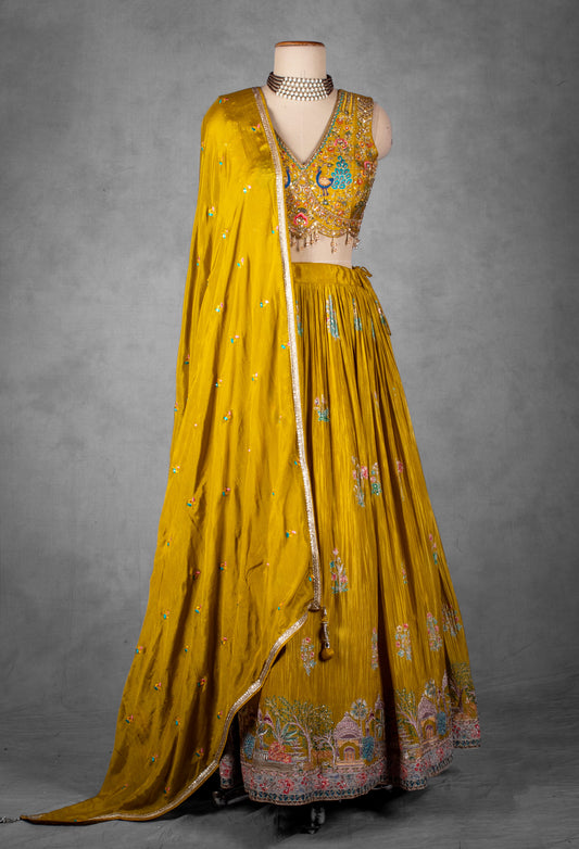 Mustard yellow hand-embroidered lehenga with multicolor thread and zari work – product image 2