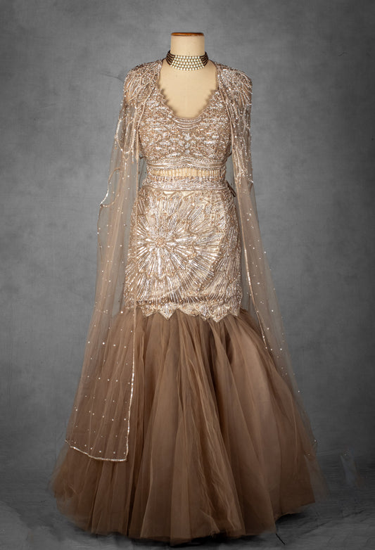 Champagne gold embellished mermaid lehenga with sheer cape dupatta – product image 2