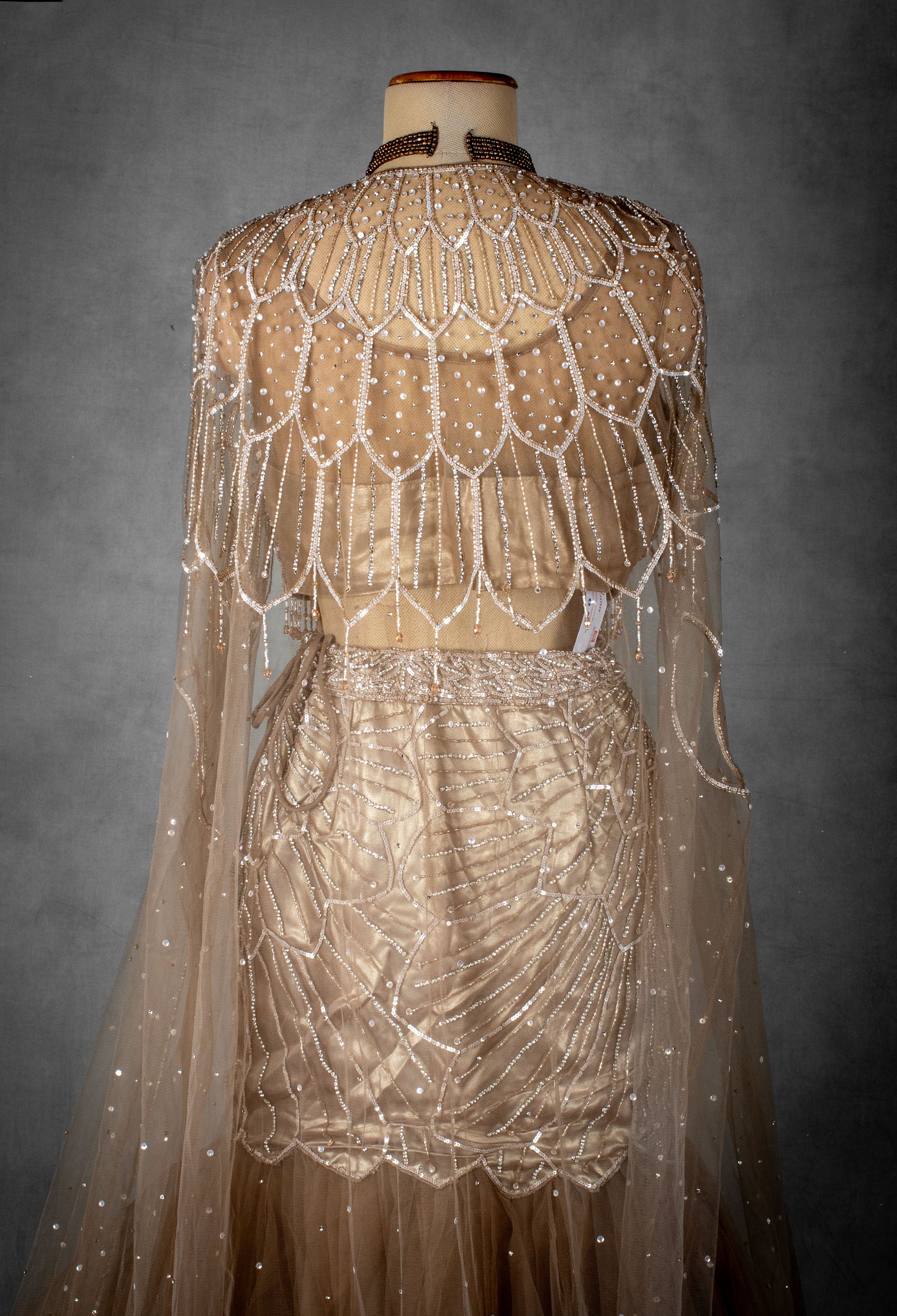 Champagne Gold Embellished Mermaid Lehenga Set with Sheer Cape Dupatta