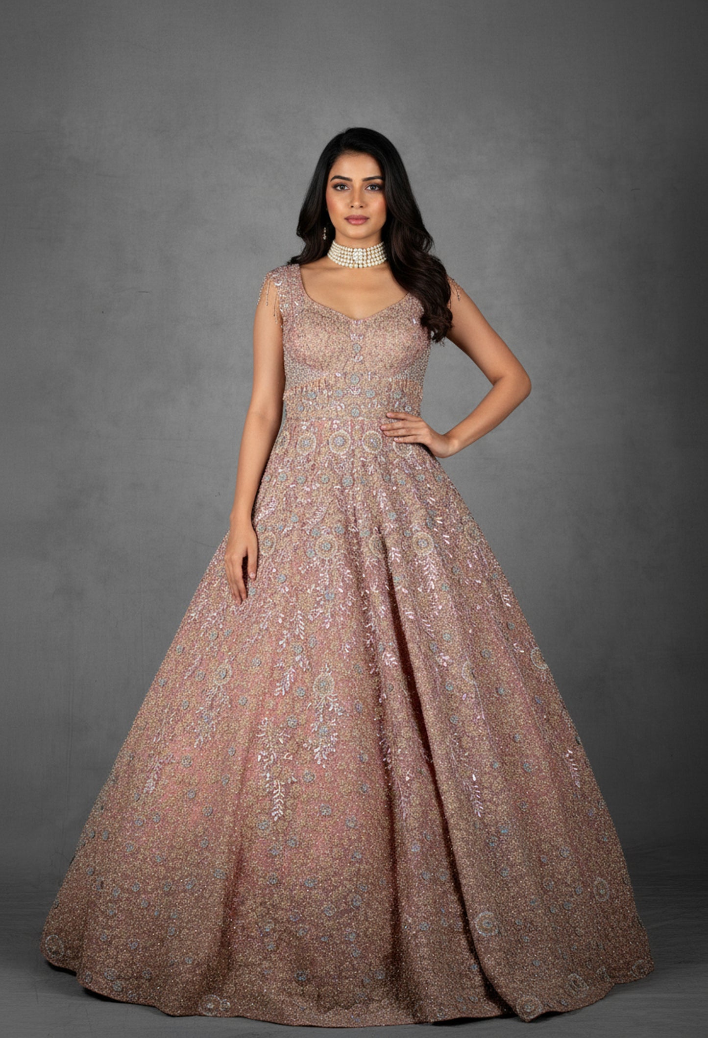 Blush Pink Hand-Embellished Ball Gown with Crystal and Sequin Detailing