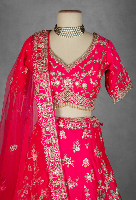 Fuchsia pink hand-embroidered zardosi bridal lehenga – image 2