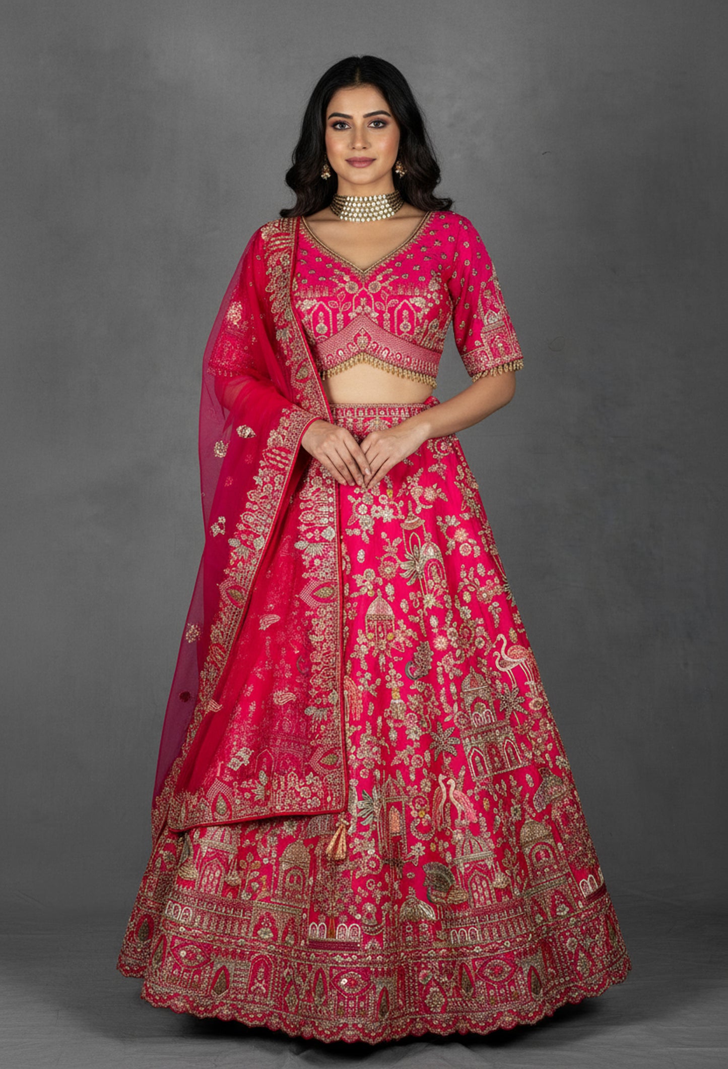 Elegant Pink Embroidered Lehenga Choli Set with Dupatta - Traditional Indian Bridal Outfit