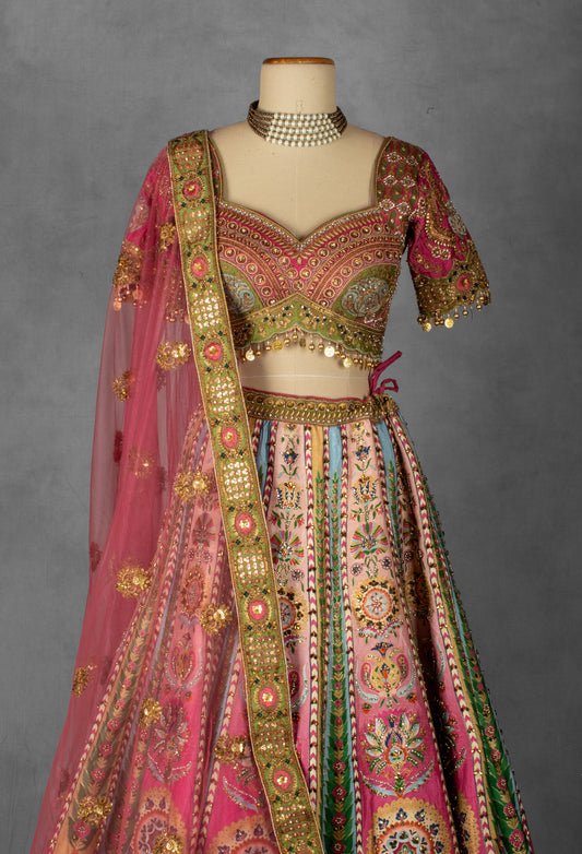 Multicolor mirror and thread embroidered silk lehenga with gota patti – image 2
