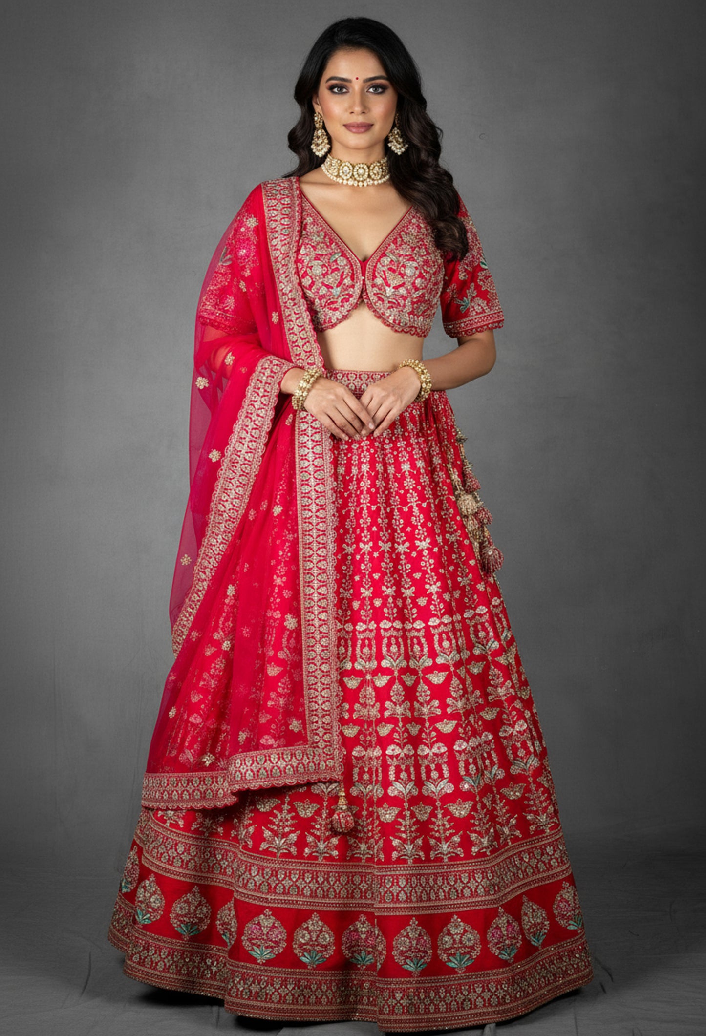 Crimson Red Zardozi Embroidered Bridal Lehenga with Sequined Blouse