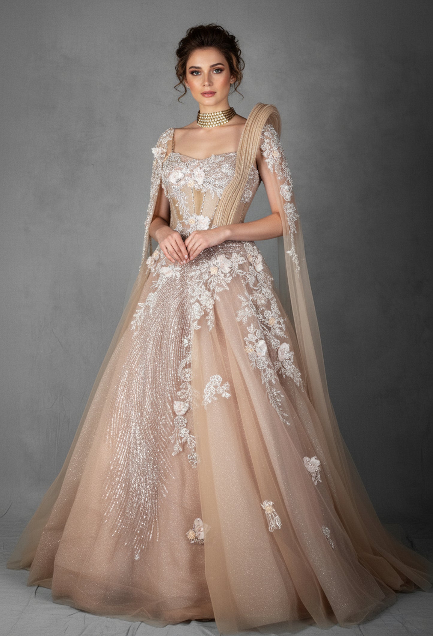 Nude Blush Floral Embellished Gown with Asymmetric Draped Shoulder